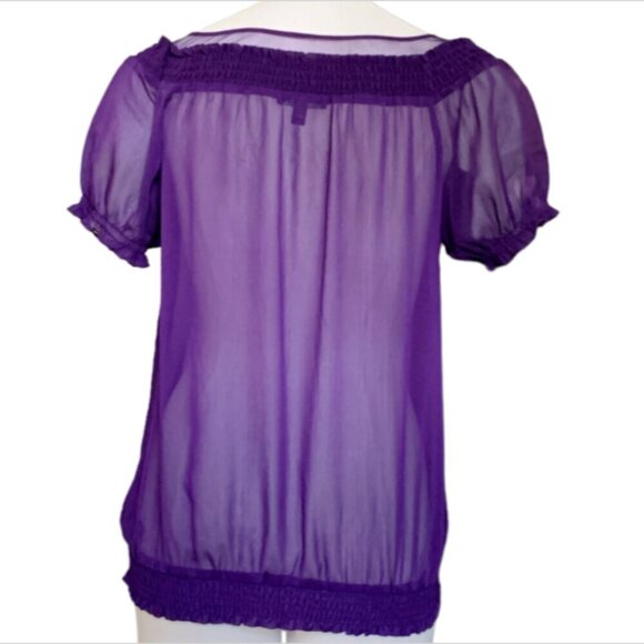 EXPRESS Sheer Peasant Style Top Smock Waist Short Sleeve Sz S Plum Purple #16F - Picture 4 of 7